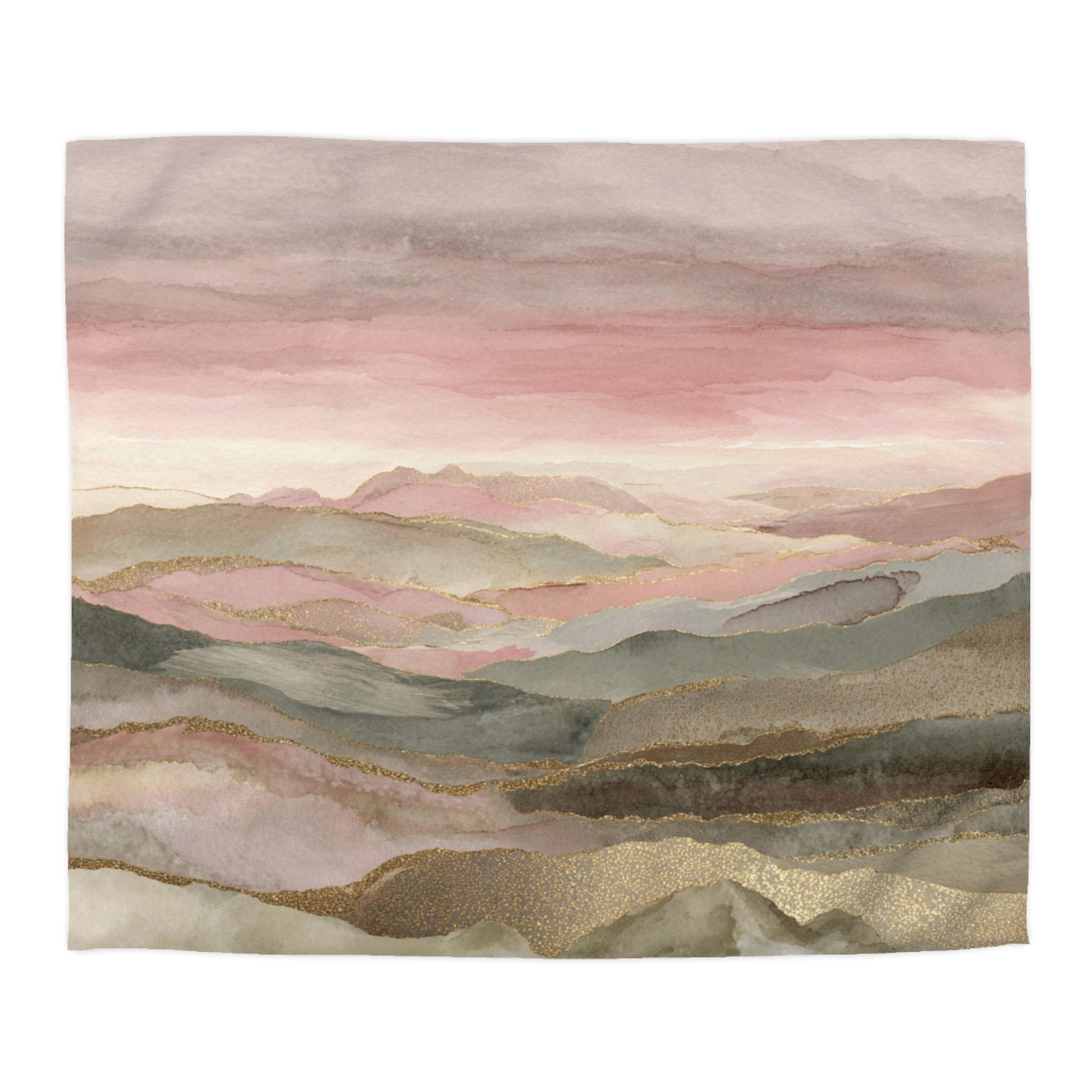 The image is a watercolor painting depicting a landscape with rolling hills and mountains in shades of pink, green, and gray. The painting has a soft, dreamy quality with a gradient color palette.