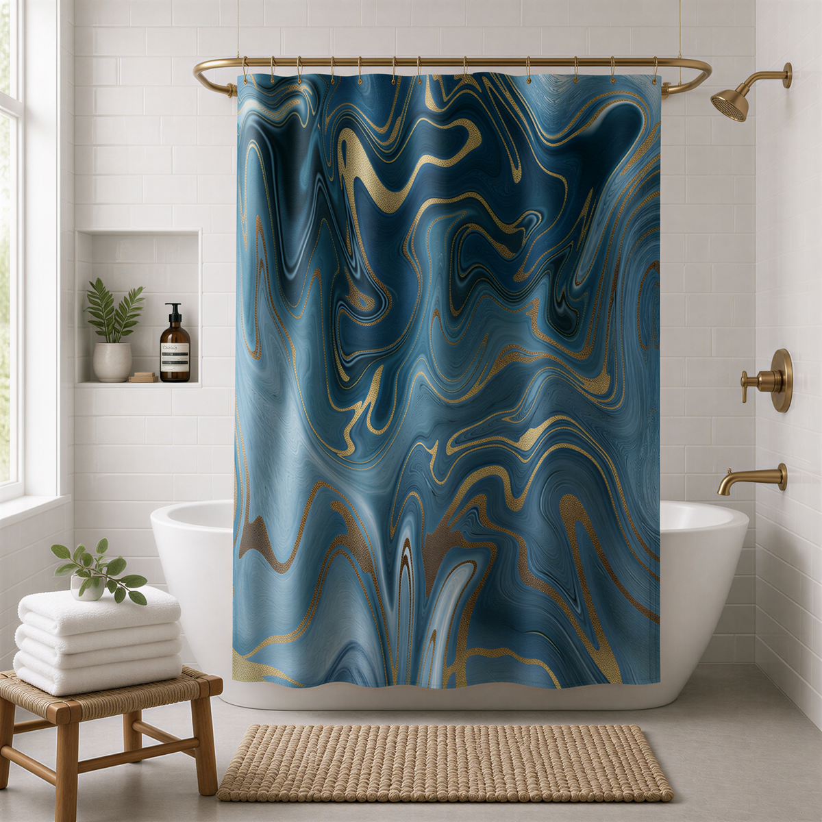 a bathroom with a marble-style shower curtain, a wooden stool, and a white bathtub.