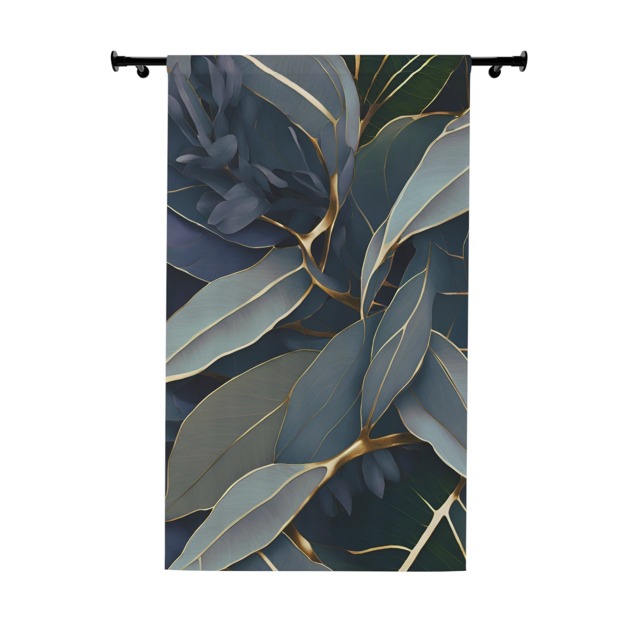 Floral Window Curtain | Navy Blue Grey, Leaves