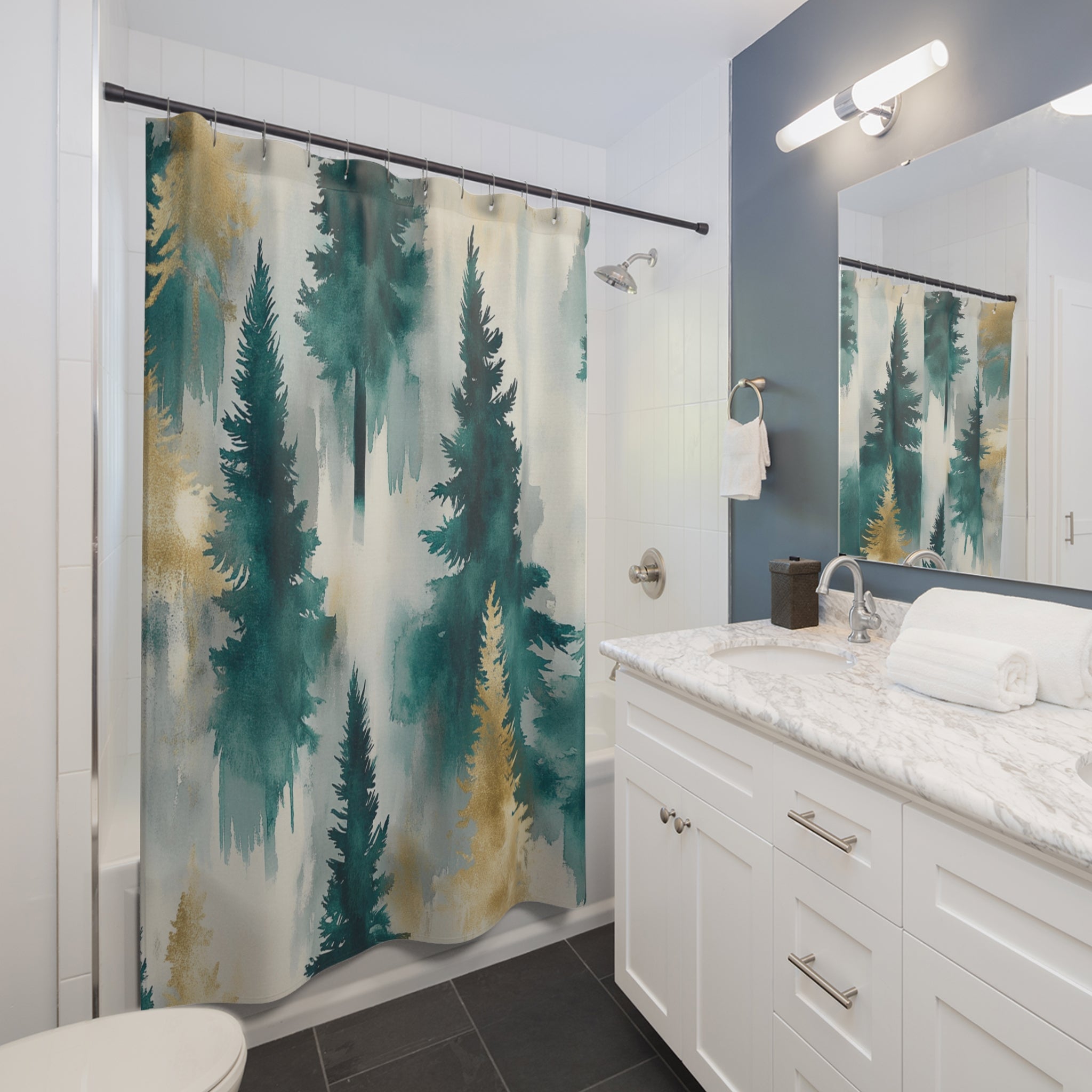 Boho Shower Curtain | Pine Trees Teal Muted Gold Grey