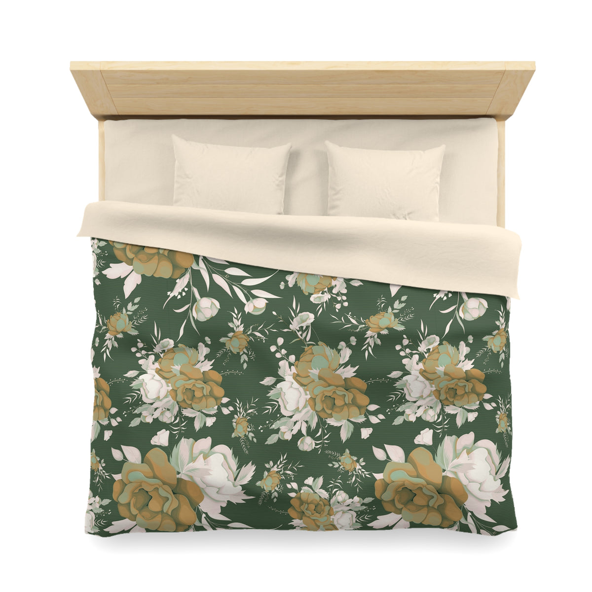 a bed with a floral print duvet cover and pillows.
