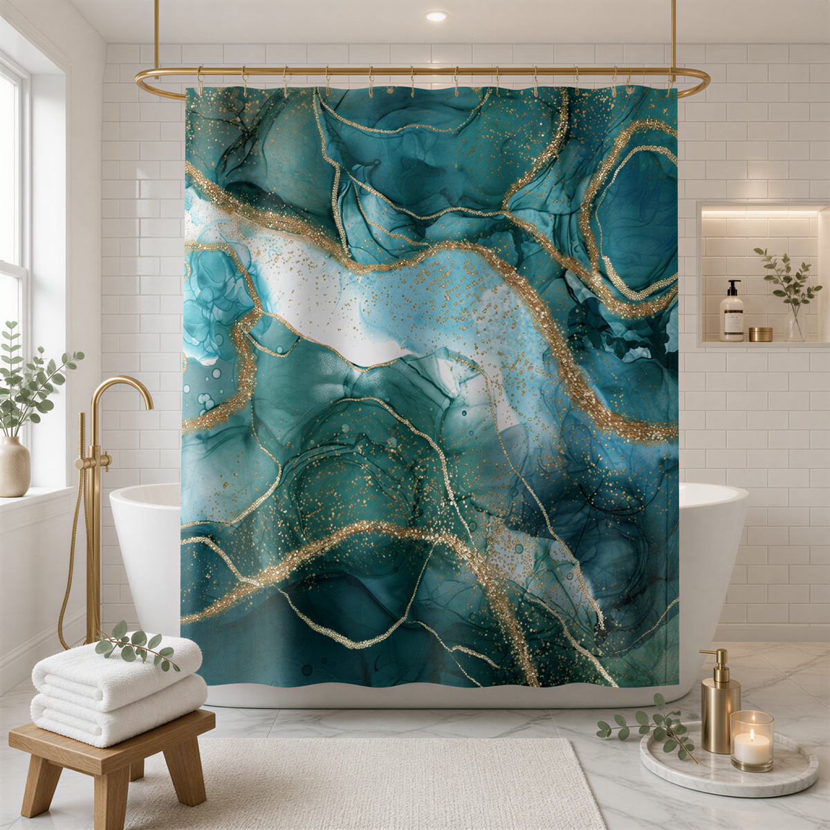 a bathroom with a large, colorful shower curtain with a marble-like pattern in shades of blue and green, accented with gold glitter. The shower curtain is hanging from a gold rod, and there are white bathtubs and a wooden stool in the room.