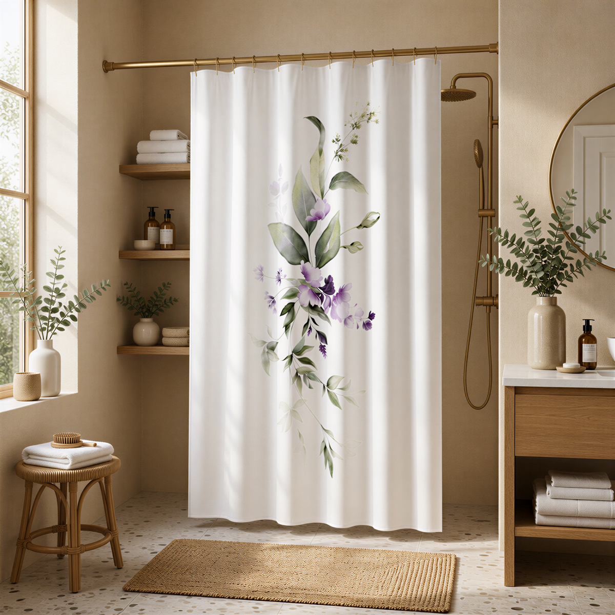 a serene and well-organized bathroom with a shower curtain featuring a floral design, shelves with various toiletries, and a wooden stool.