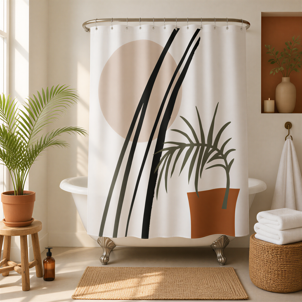 a bathroom with a white bathtub, a potted plant, and a shower curtain featuring abstract black and white designs.