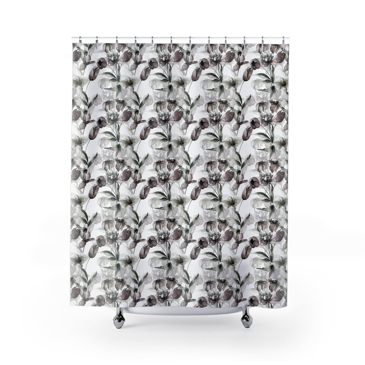 a shower curtain with a repeating floral pattern in shades of gray and white.
