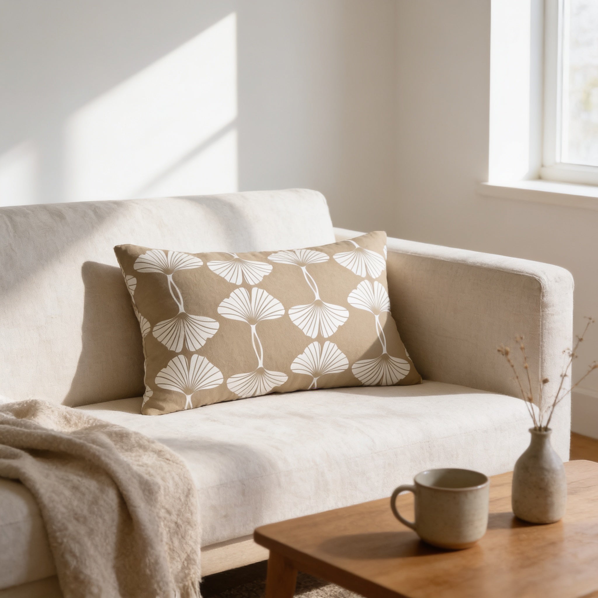 a cozy living room with a beige sofa, a decorative throw pillow with a white floral pattern, and a wooden coffee table with a mug and a vase of dried flowers.