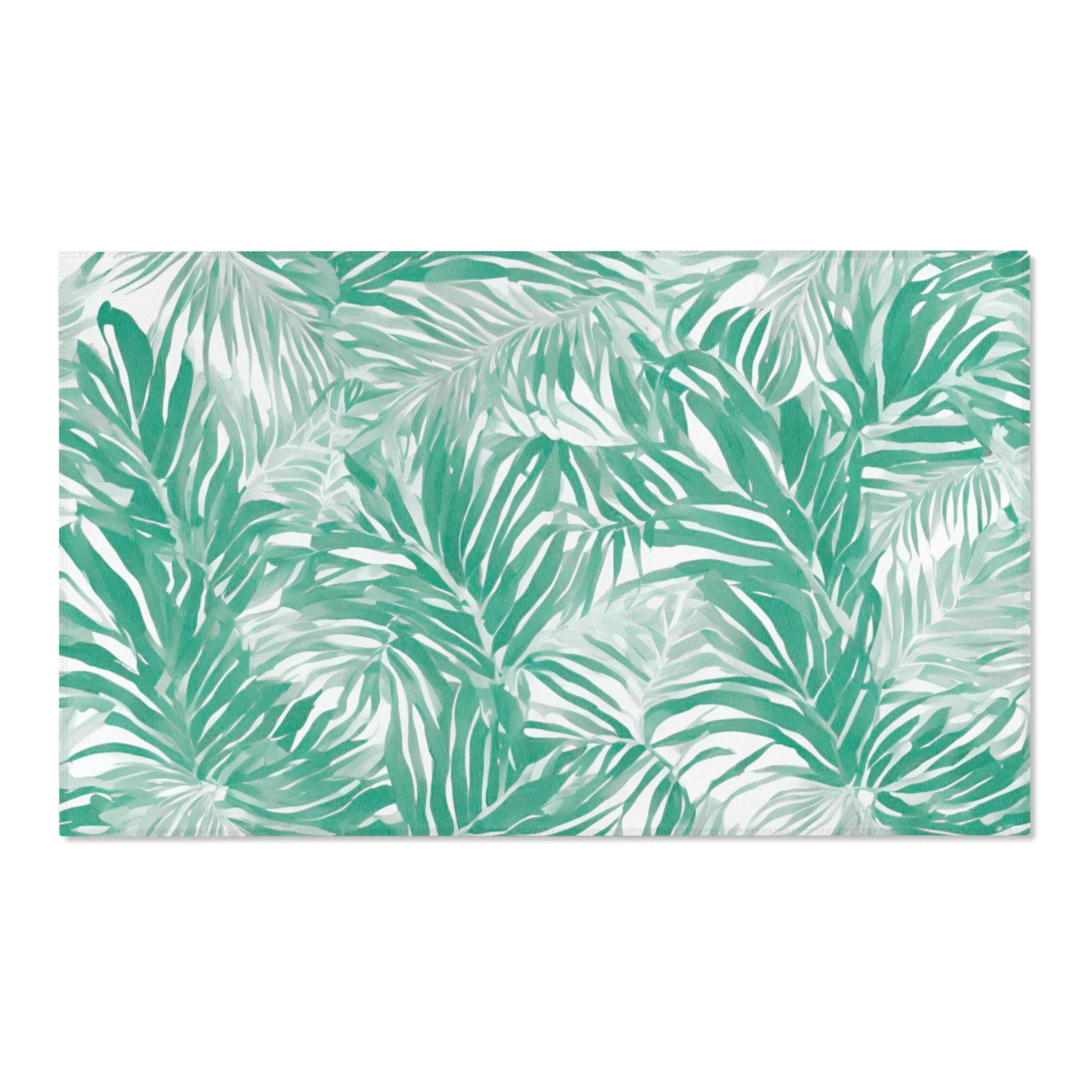 Floral Area Rug | Green White Leaves Watercolor Rug