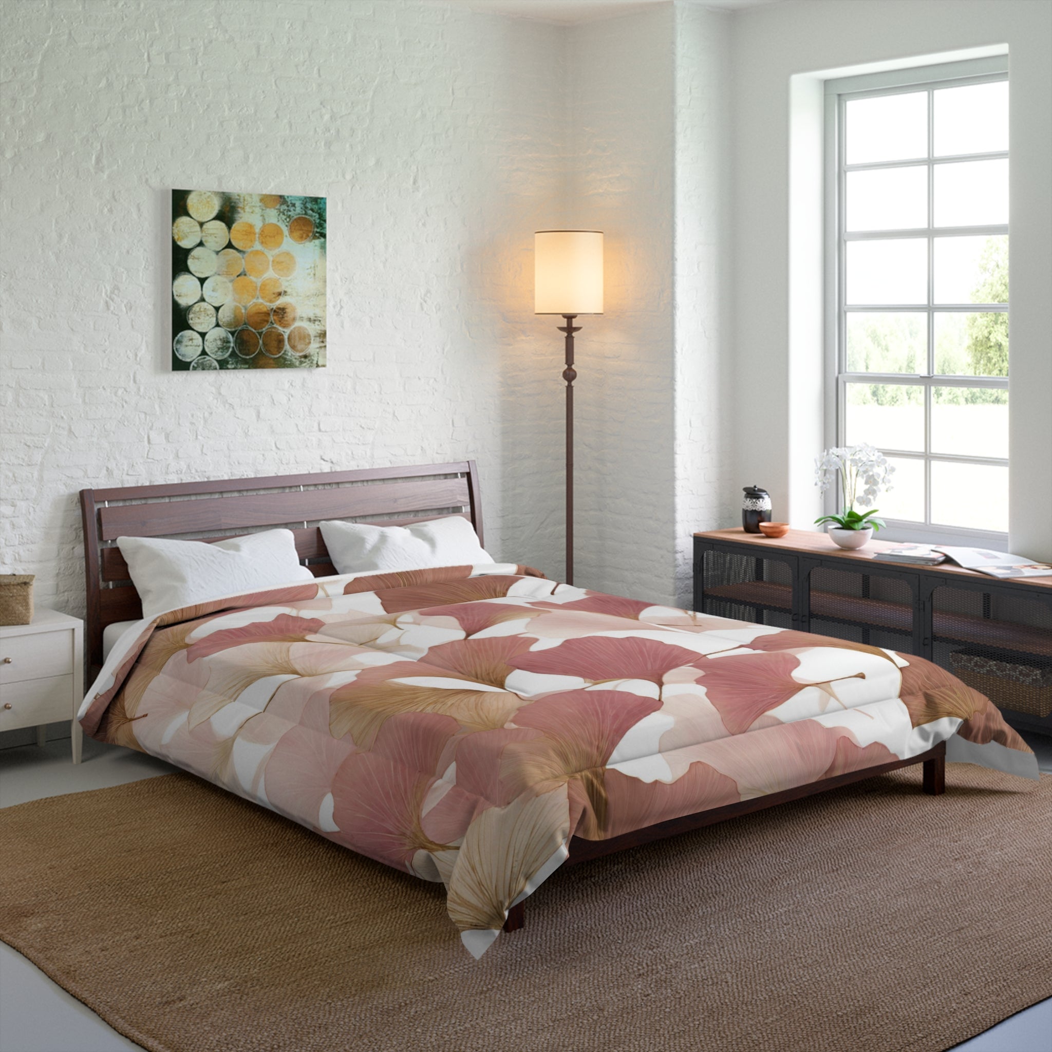 Floral Comforter | Mauve, Blush Pink, Beige, White, Gingko Leaves