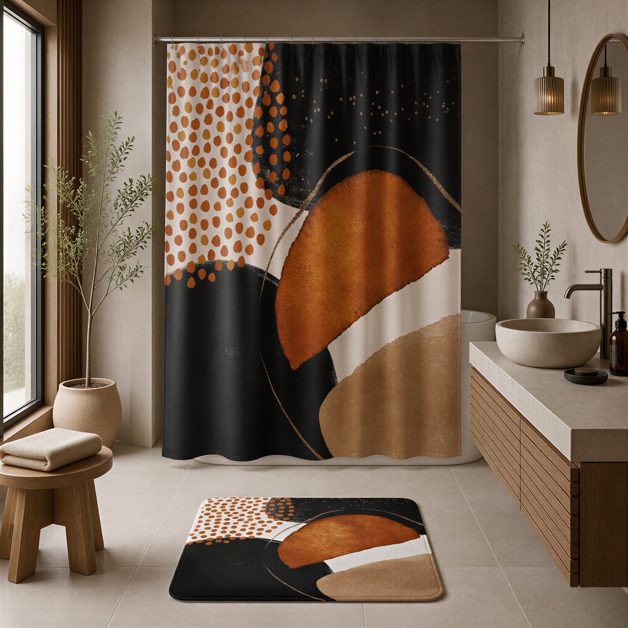 a modern bathroom with a large abstract shower curtain featuring orange and black polka dots. The bathroom has a wooden vanity, a round sink, and a potted plant. The overall design has a contemporary and stylish aesthetic.