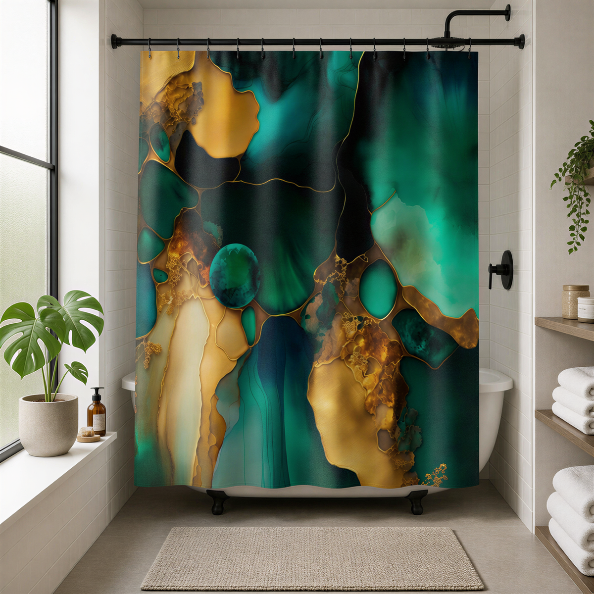 a bathroom with a large, colorful abstract pattern on the shower curtain, which appears to be a mix of green, gold, and black colors. The shower curtain is hanging from a rod, and there is a potted plant on the windowsill and a rug on the floor.