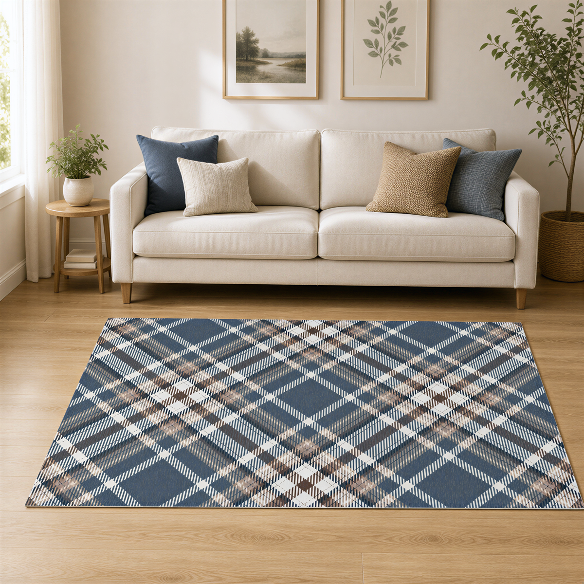 a cozy living room with a white sofa adorned with throw pillows, a blue and white plaid area rug, and a potted plant on a side table. The room is illuminated by natural light from a window, and there are framed pictures on the wall.