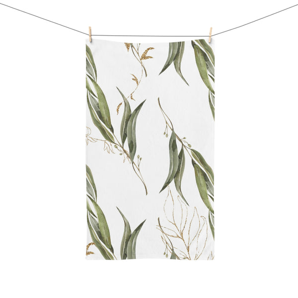 Kitchen, Bath Hand Towel | Boho Floral, Sage Green, White Gold Beige Leaves