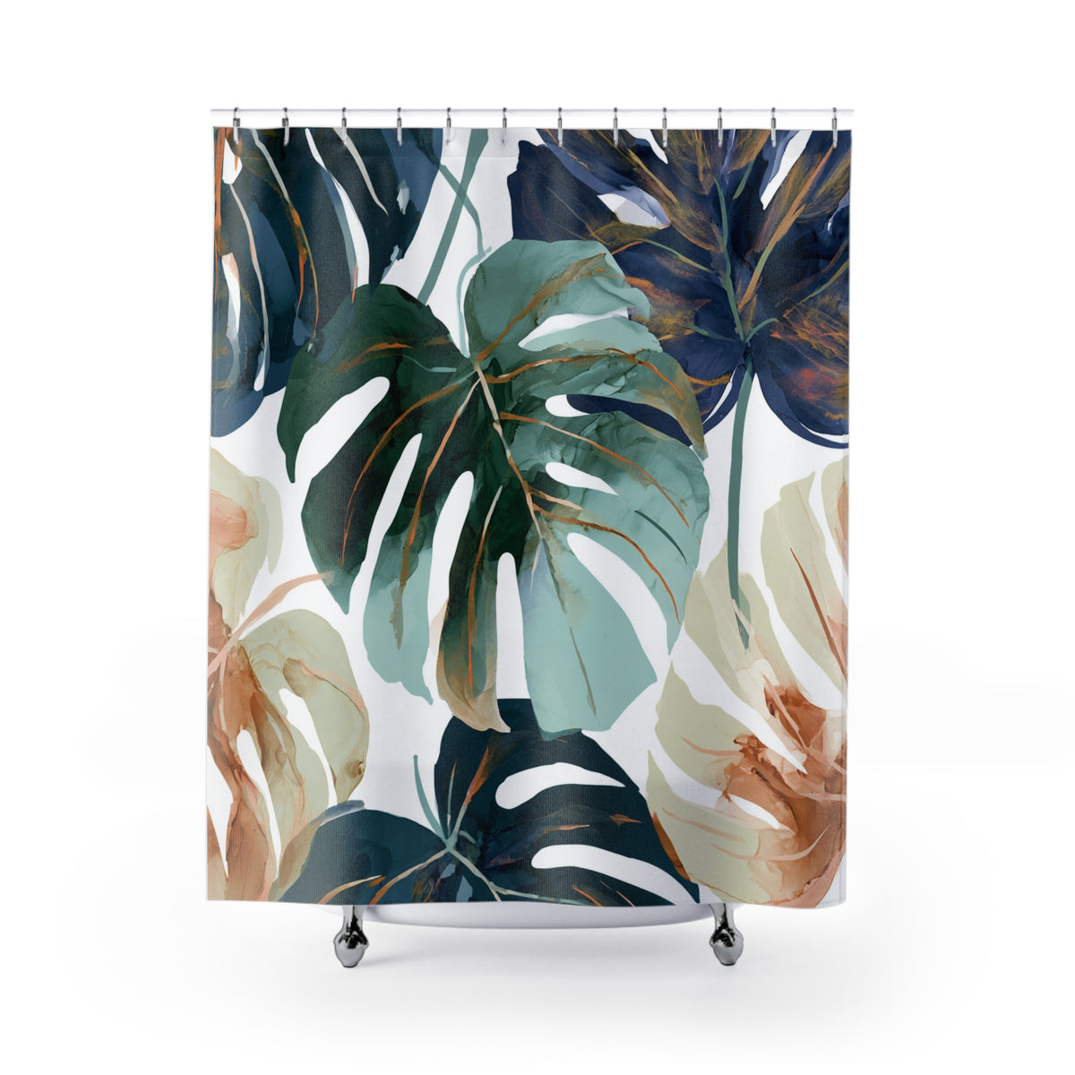 a shower curtain with a tropical leaf pattern in shades of blue, green, and brown.