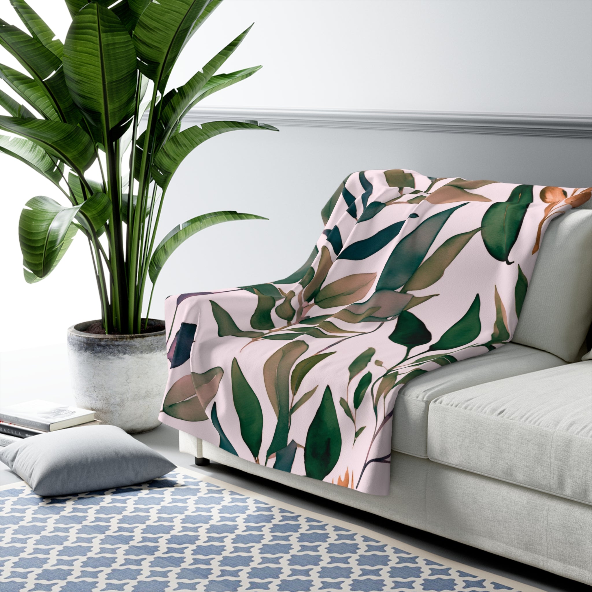 Floral Throw Blanket | Dark Green, Blush Pink Eucalyptus Leaves