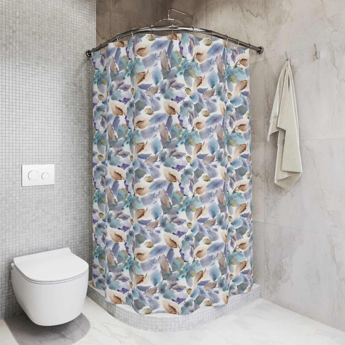 Dusty Blue Watercolor Floral Shower Curtain, Bath Curtain 71x74
