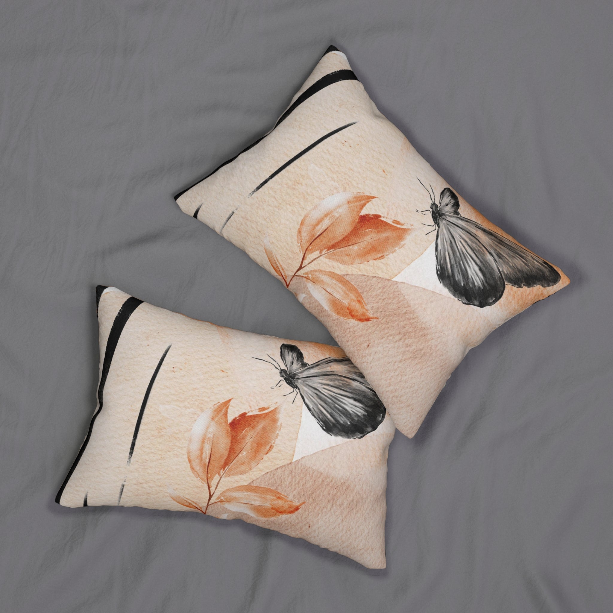 Boho Lumbar Pillow | Abstract Black Butterfly, Beige Orange