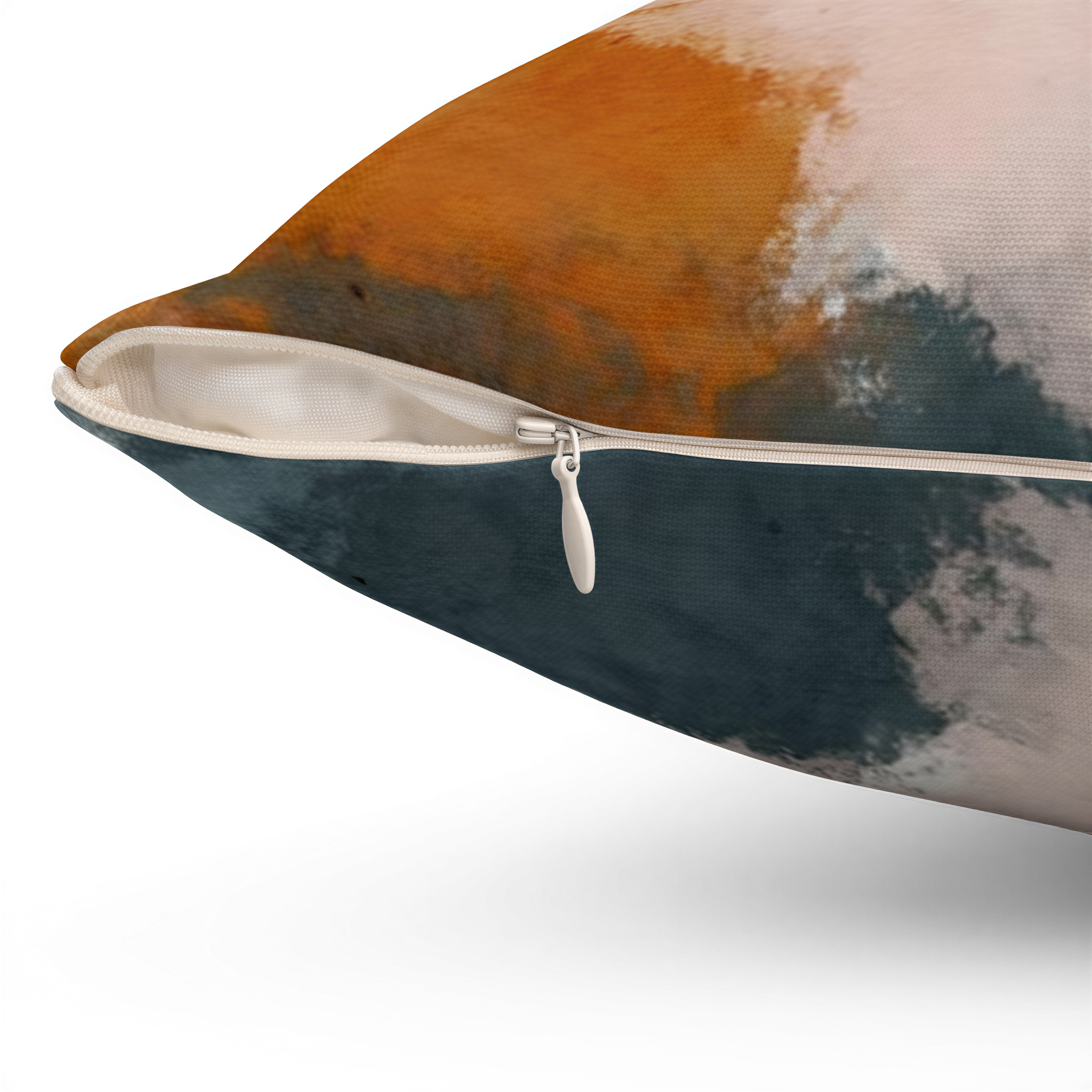 Abstract Pillow Cover Beige Navy Blue Rust Orange close-up of the fabric detail