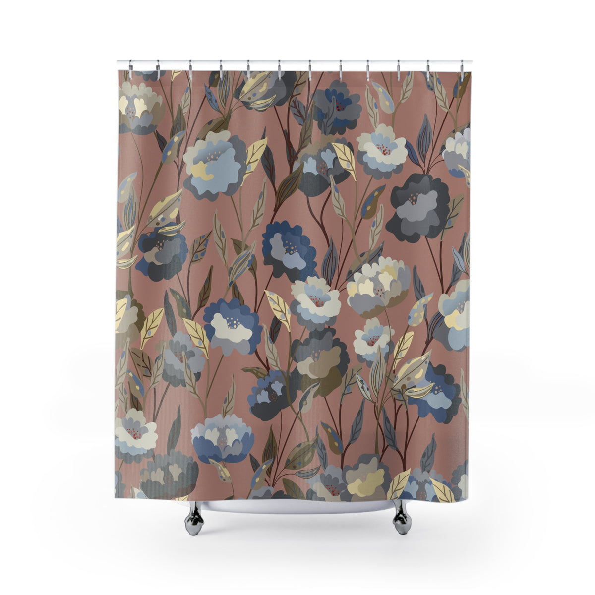 Dusty Rose Blue Floral Shower Curtain, Bath Curtain 71x74