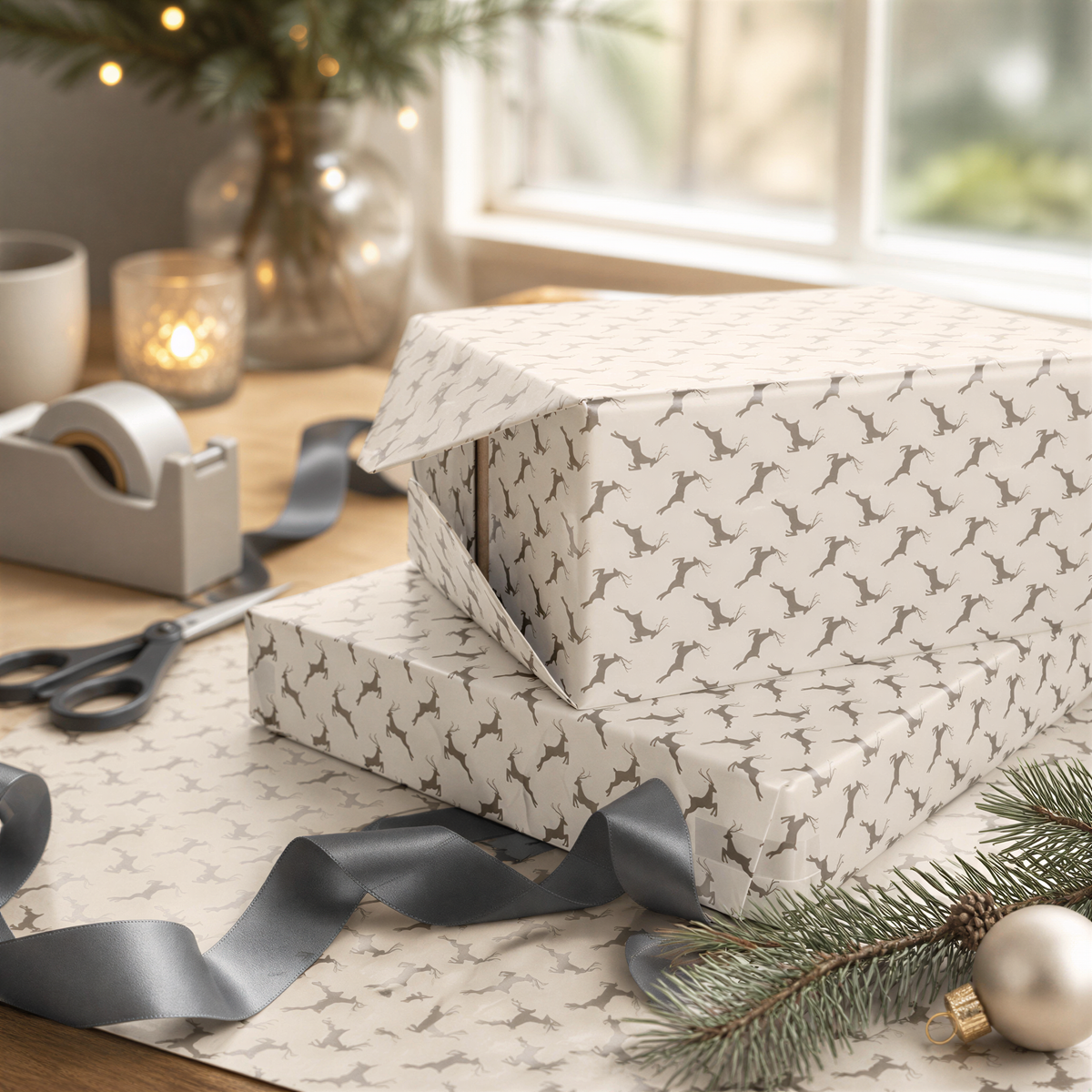 a festive scene with a Christmas tree, wrapped gifts, and holiday decorations. The wrapped gifts have a pattern of reindeer on them, and there is a ribbon and a small ornament on the table. The overall atmosphere appears to be joyful and celebratory.
