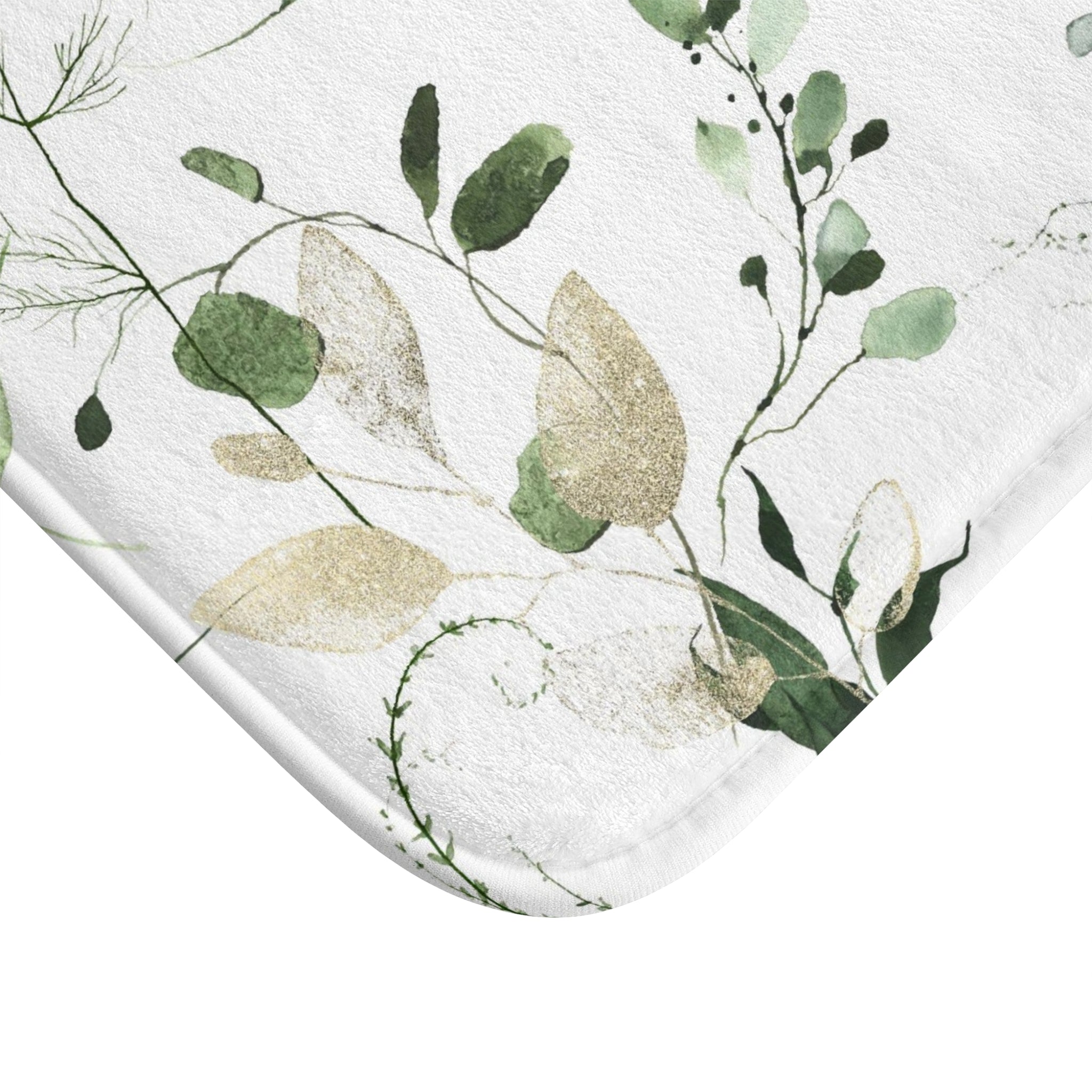 Floral Boho Bath, Kitchen Mat, Rug | Watercolor White Forest Green Leaves