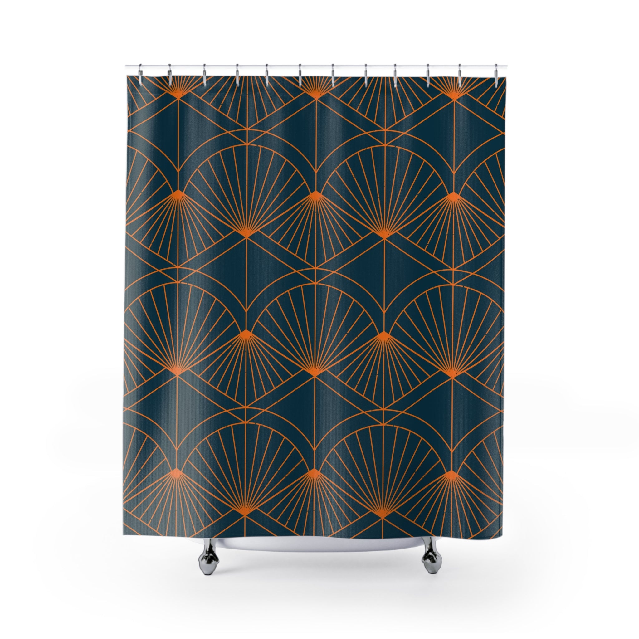 Art Deco Shower Curtain | Navy Blue, Orange Fan Bath Curtain