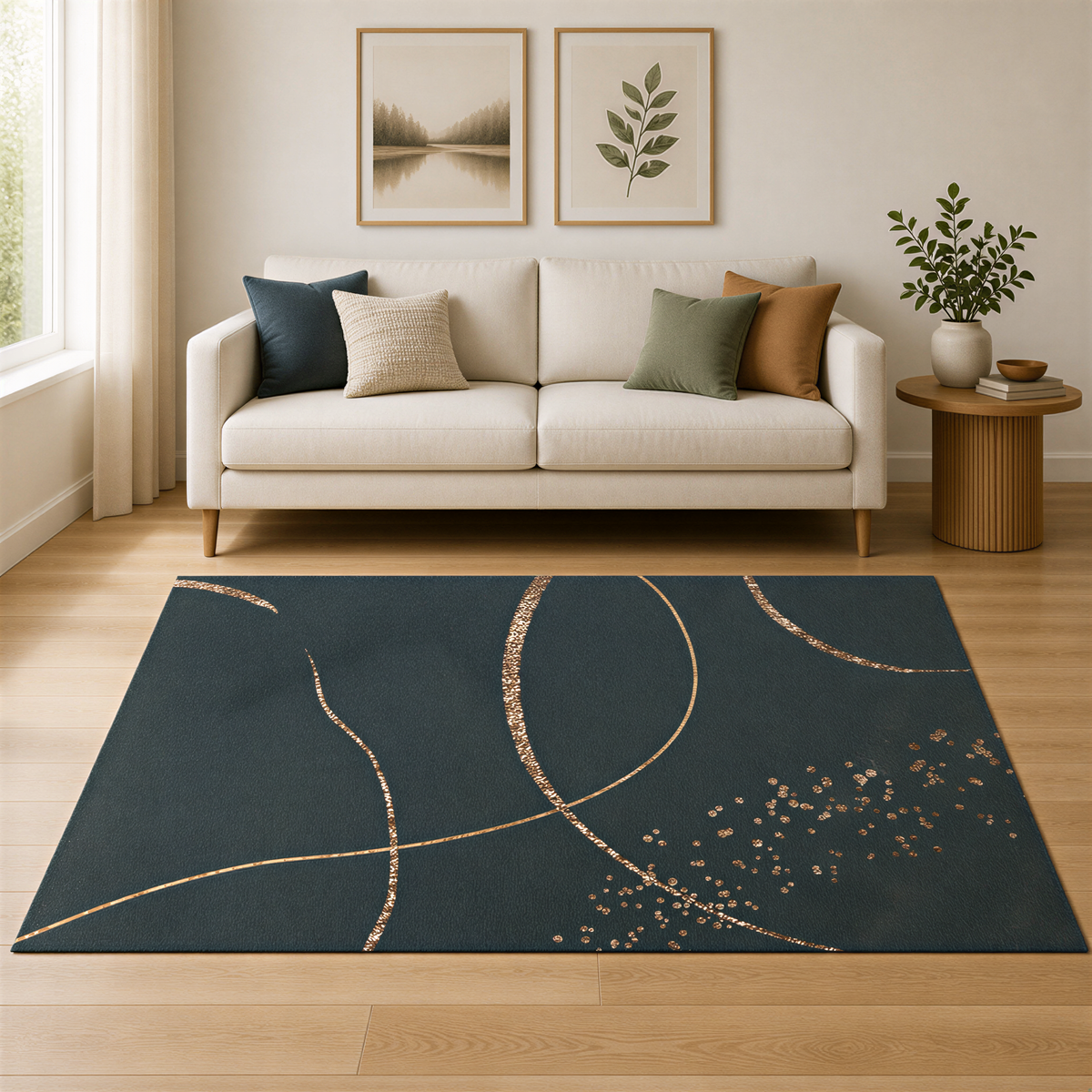 a living room with a white sofa, a blue rug with gold designs, and two framed pictures on the wall.