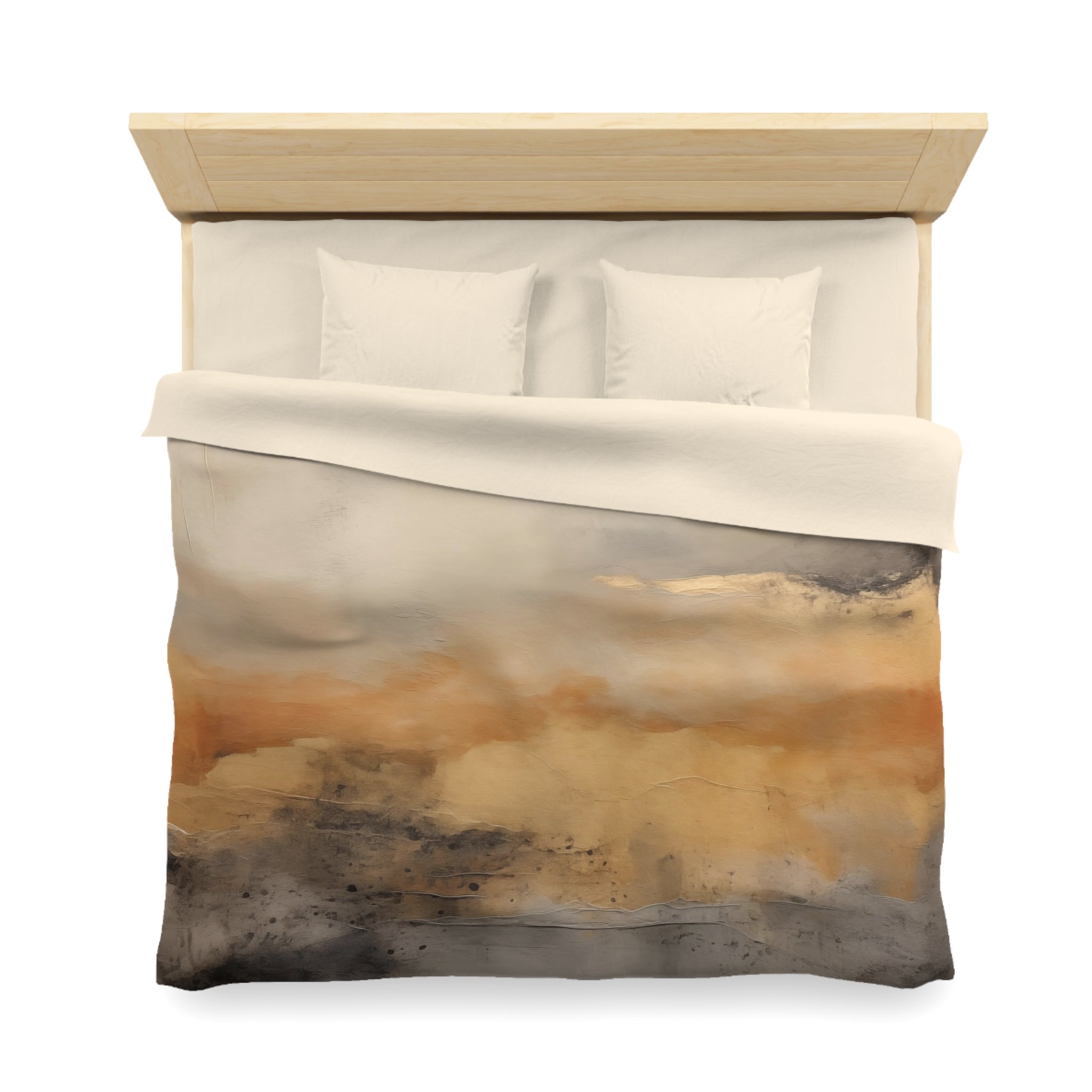 a neatly made bed with a white comforter and pillows. The comforter has an abstract painting or design on it, featuring a blend of orange, gray, and white colors.