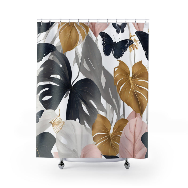 Boho Floral Shower Curtain | Modern Grey, Navy Muted Gold, Pink Jungle Leaves