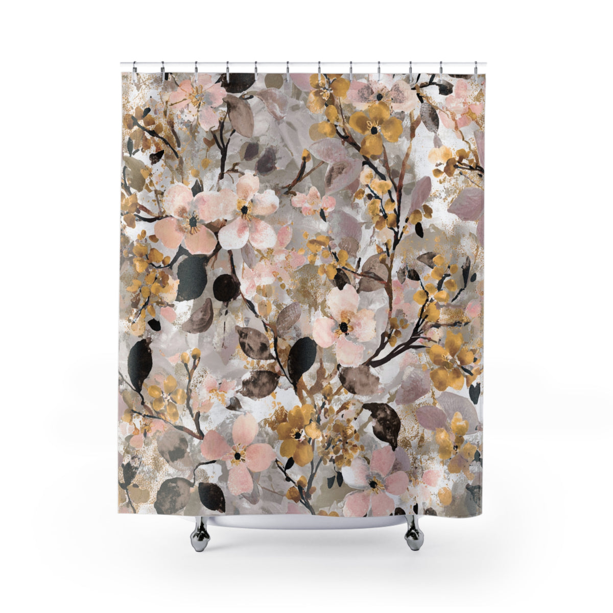 a shower curtain with a floral pattern of pink, yellow, and brown flowers and leaves.