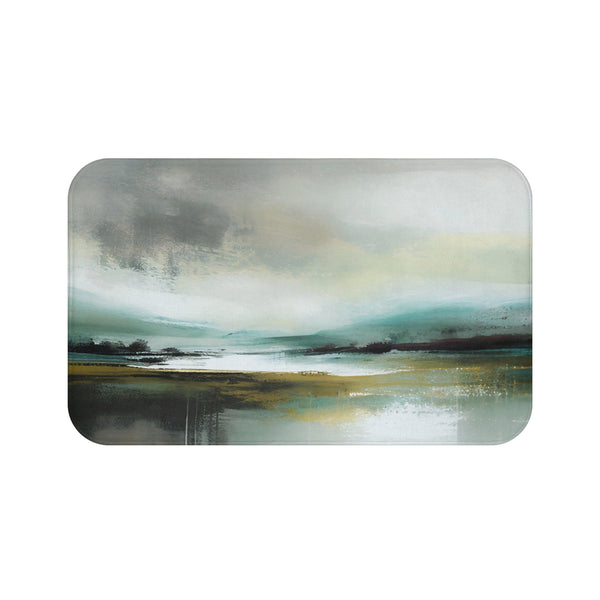 Boho Kitchen, Bath Mat | Abstract Landscape, Grey Teal Green
