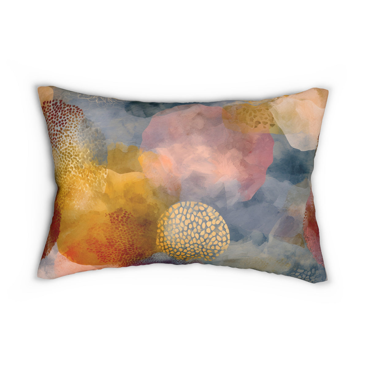 a vibrant abstract design with a mix of warm and cool colors, including shades of orange, pink, yellow, and blue. The design appears to be a pillow cover or cushion with a colorful, organic pattern.