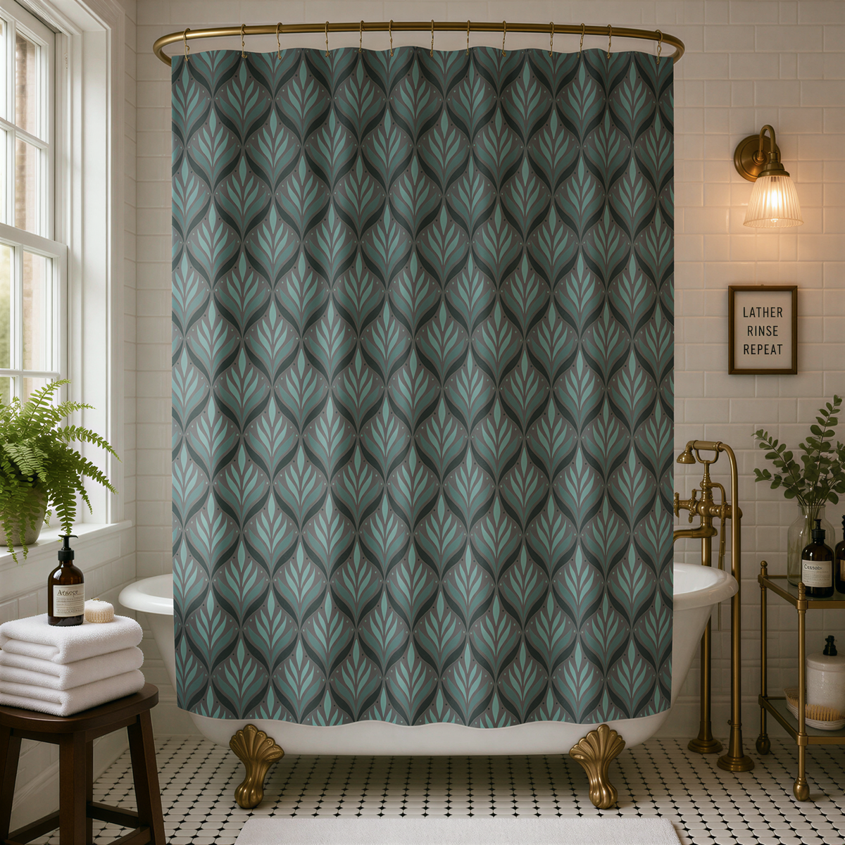 a bathroom with a green and white patterned shower curtain, a white bathtub, and a wooden stool. The bathroom has a white tiled floor and a window with white curtains.
