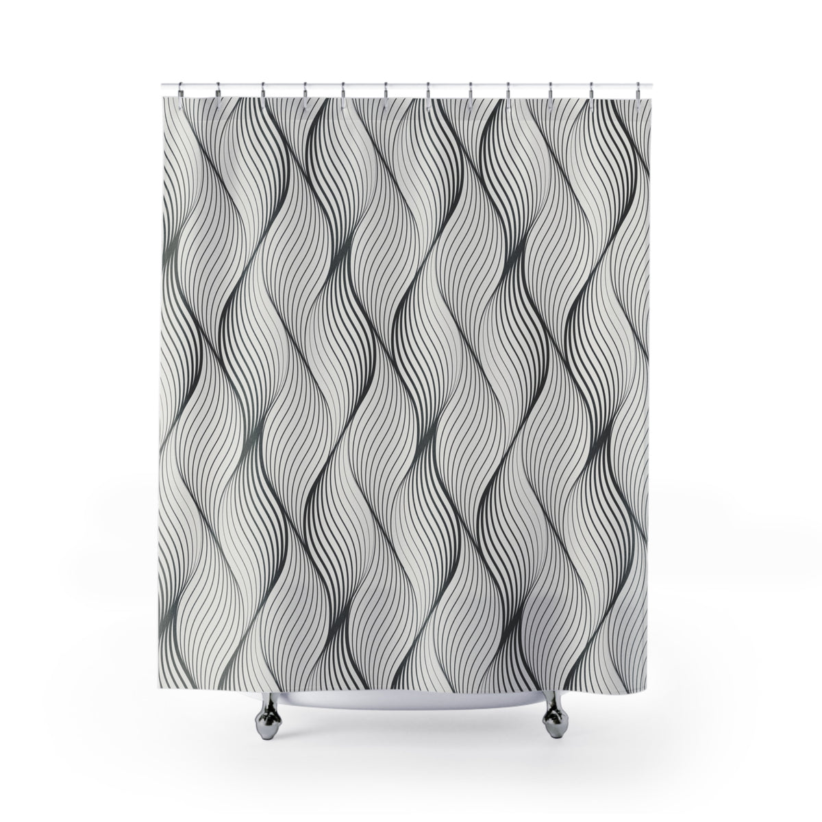 a shower curtain with a repeating pattern of wavy lines in black and white.