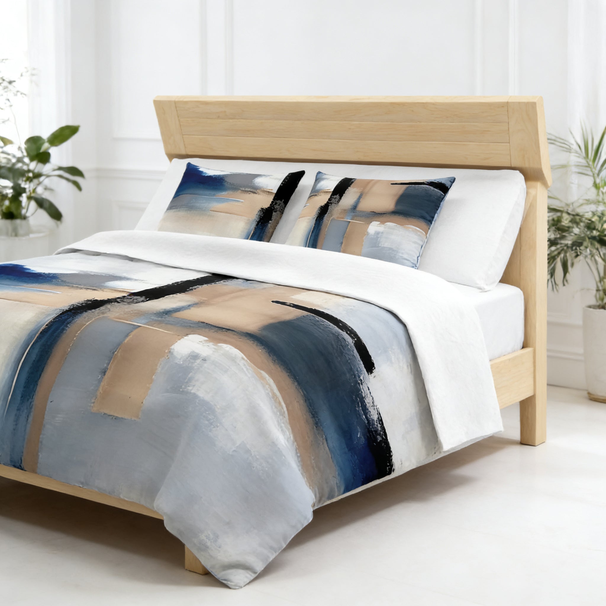 a modern bedroom with a wooden bed frame and a colorful abstract patterned comforter. The room has white walls and a minimalist design, with a potted plant and a window providing natural light.