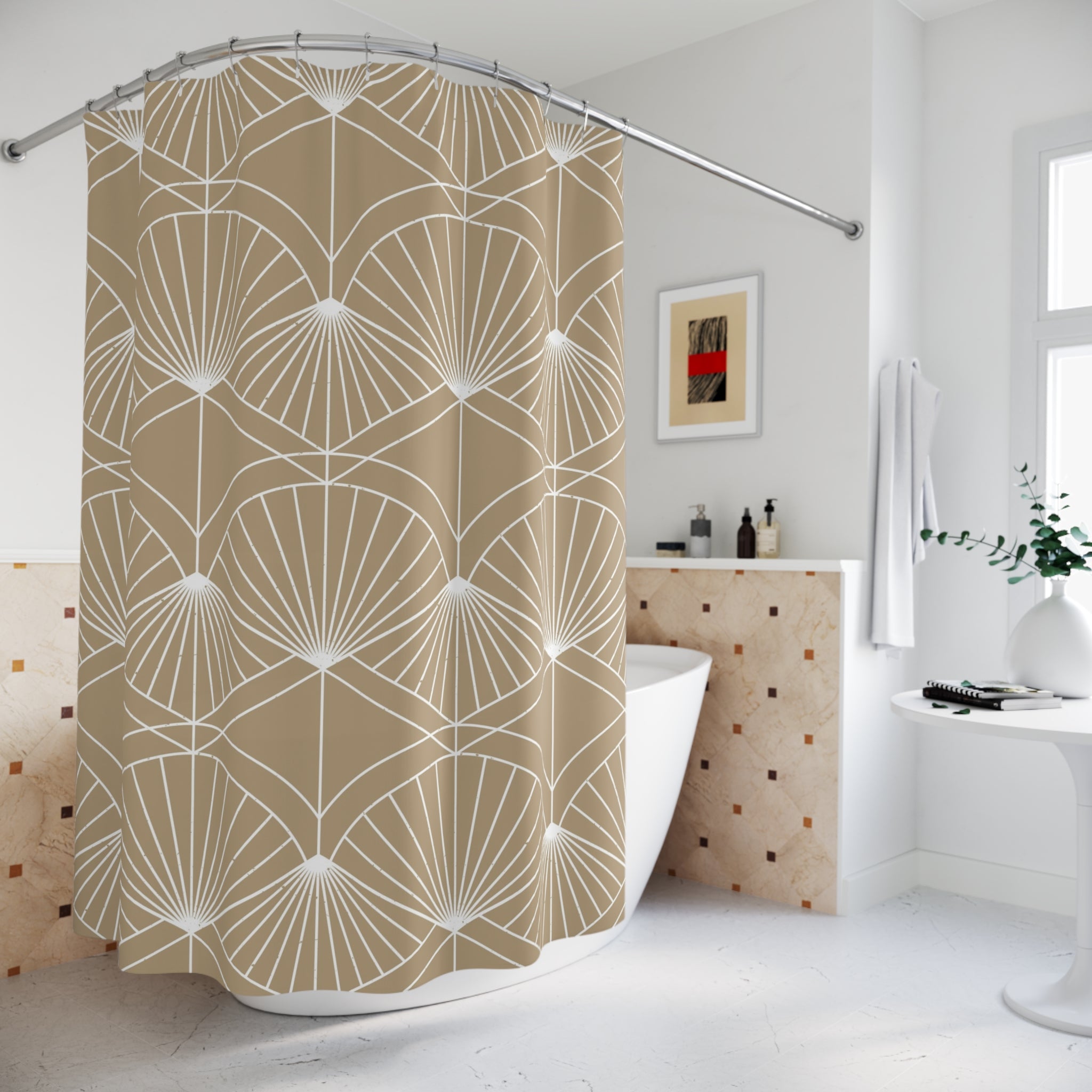 Art Deco Shower Curtain | Geometric Fan, Caramel Beige Bath Curtain