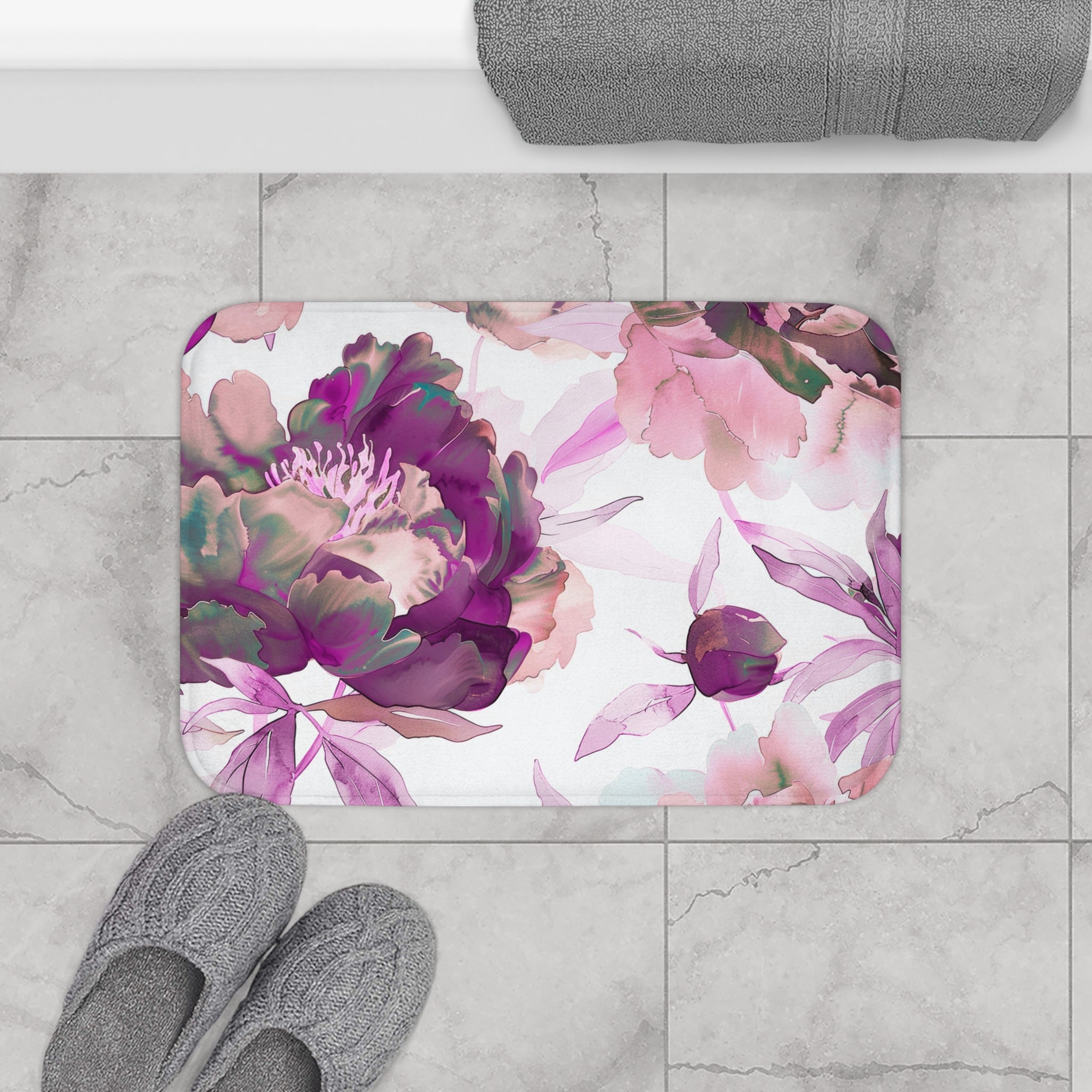 Floral Bath, Kitchen Mat | Botanical White Pink Watercolor