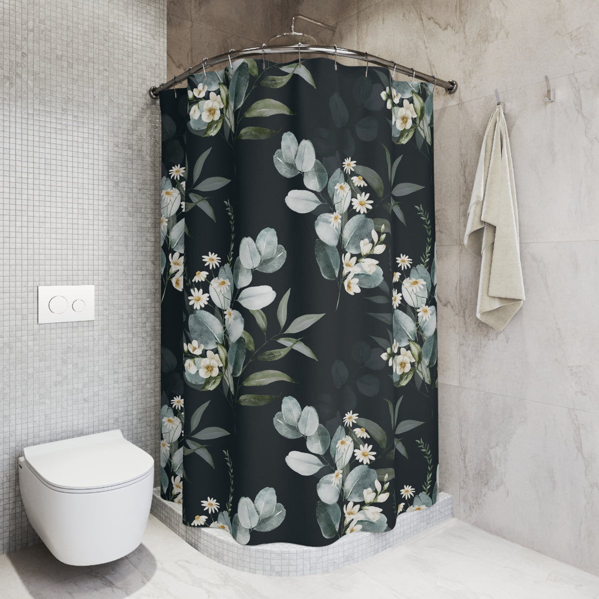 Moody Sage Eucalyptus Daisy Shower Curtain, Bath Curtain 71x74
