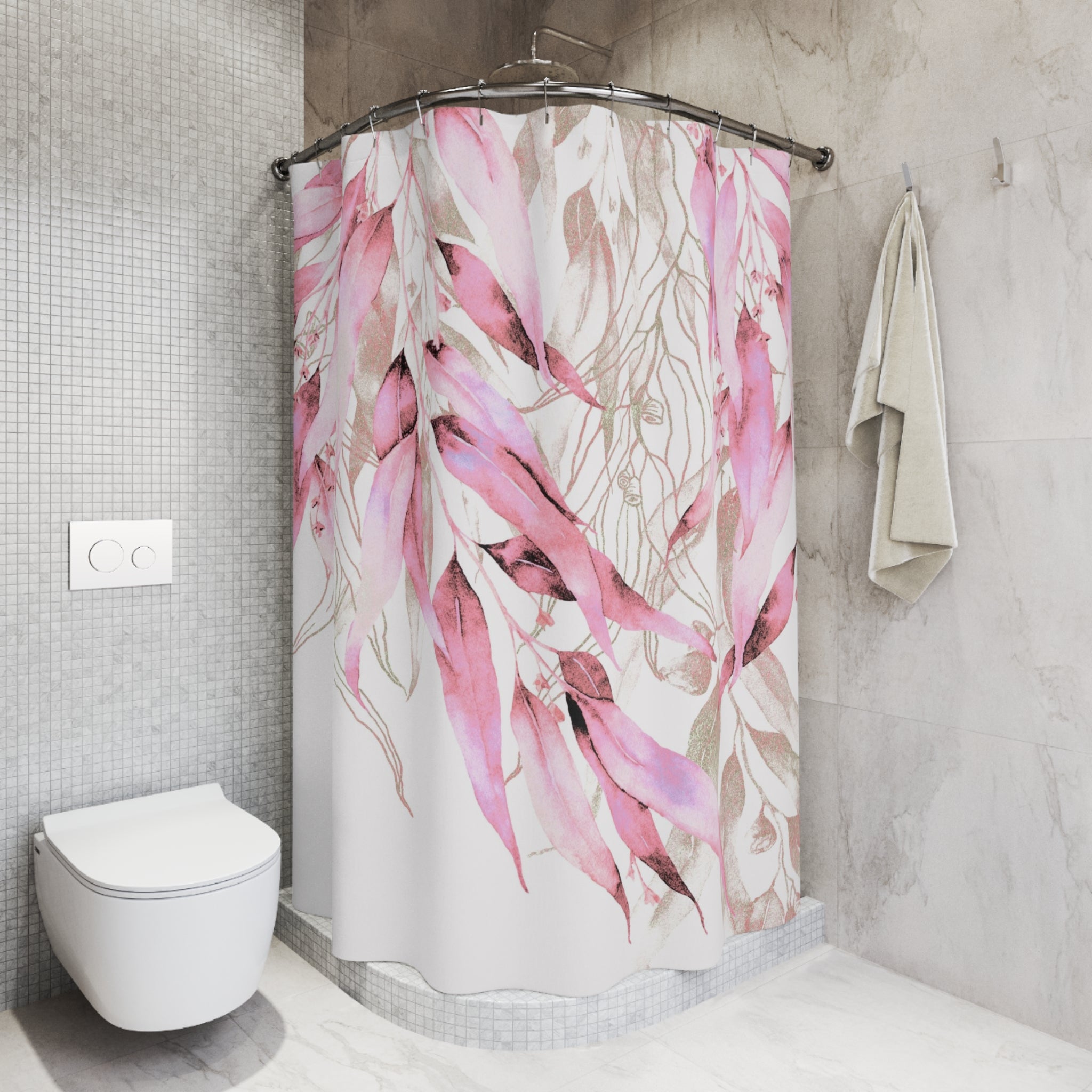 Boho Shower Curtain | Pink Floral Leaves Watercolor Fabric Curtain