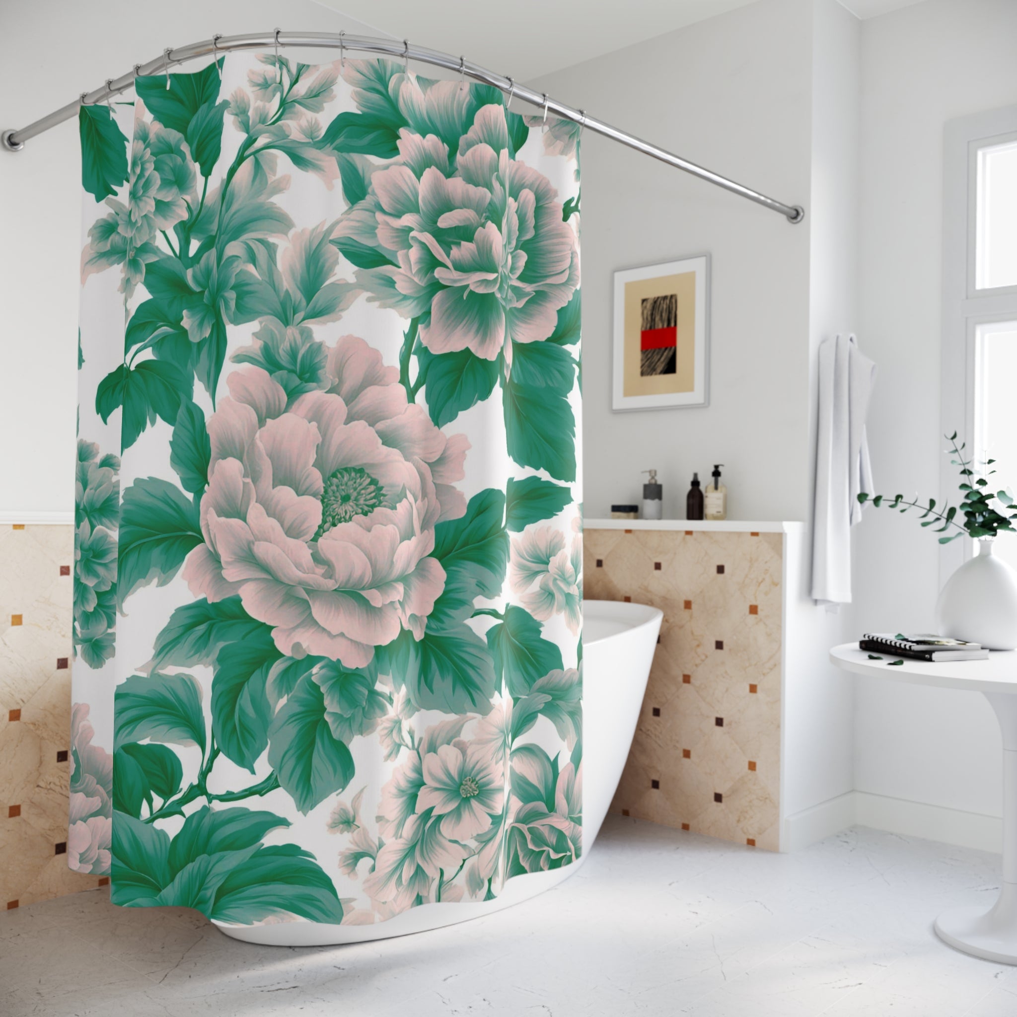 Boho Shower Curtain | Green Blush Pink Flowers