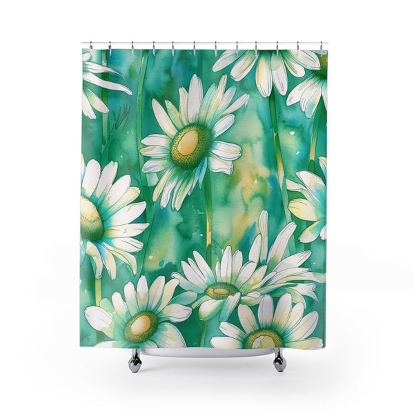 Boho Floral Shower Curtain | Teal Sage Green, Daisies Bath Curtain