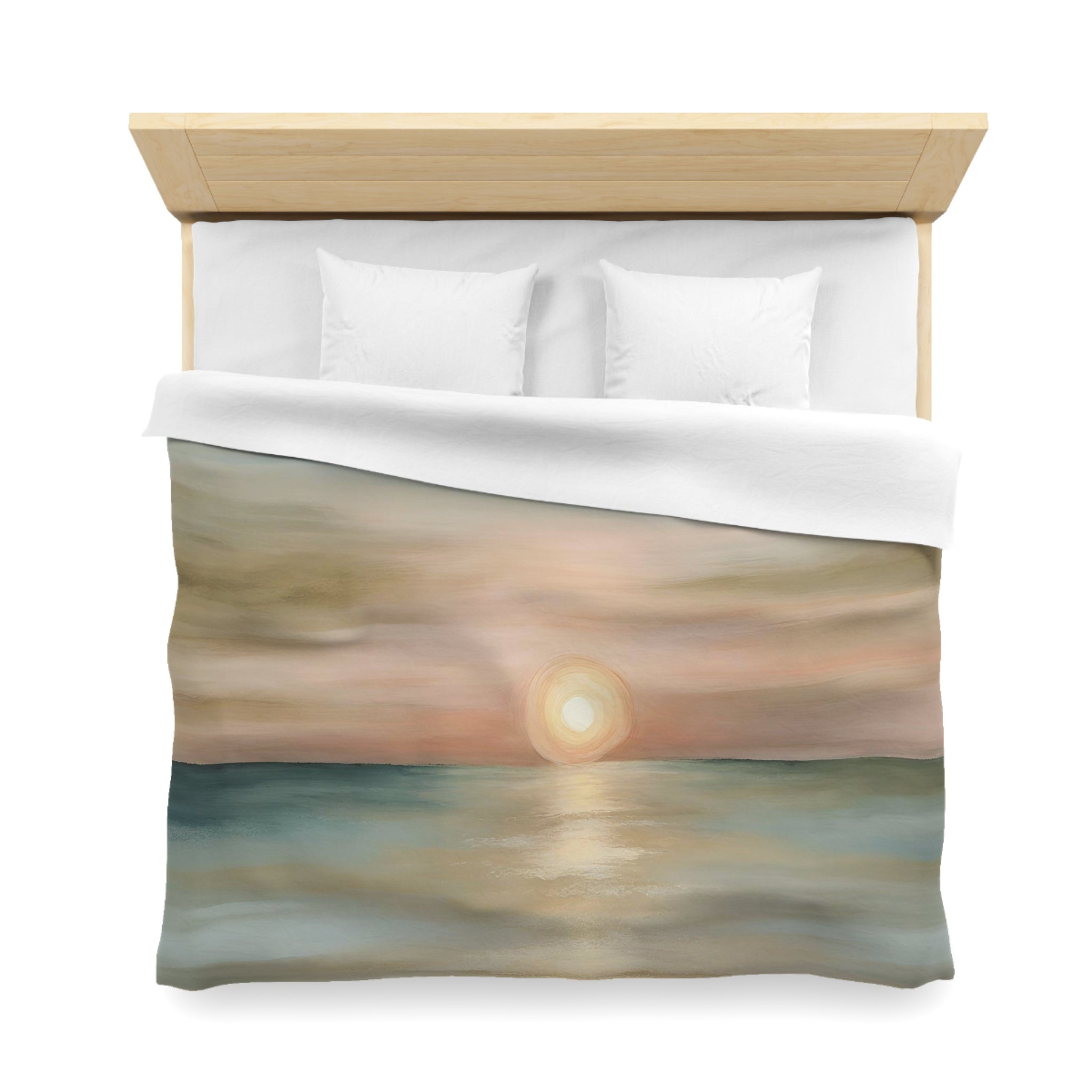 Abstract Sunset Duvet Pillow Cover Set | Beige Sun, Teal Green Blue, Blush Pink