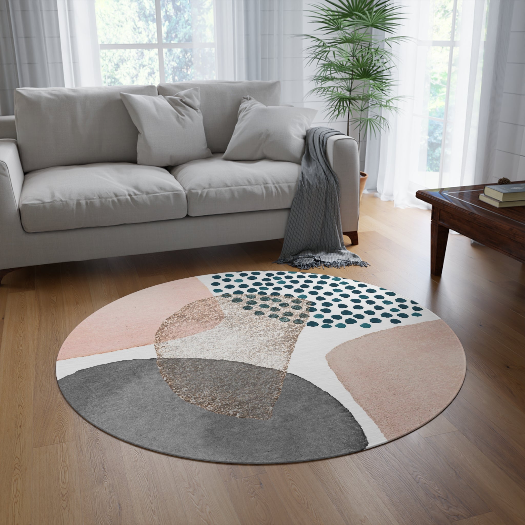 Round Boho Area Rug | Modern Blush Pink, White Beige, Grey Blue