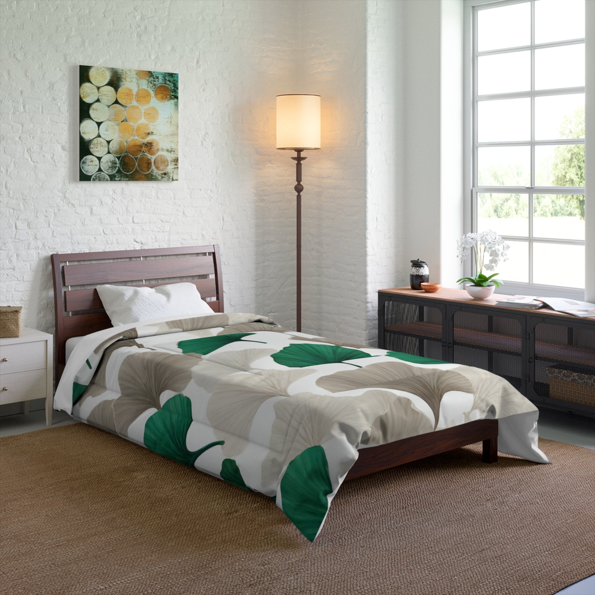 Floral Comforter | Emerald Green, Taupe, White, Gingko Leaves