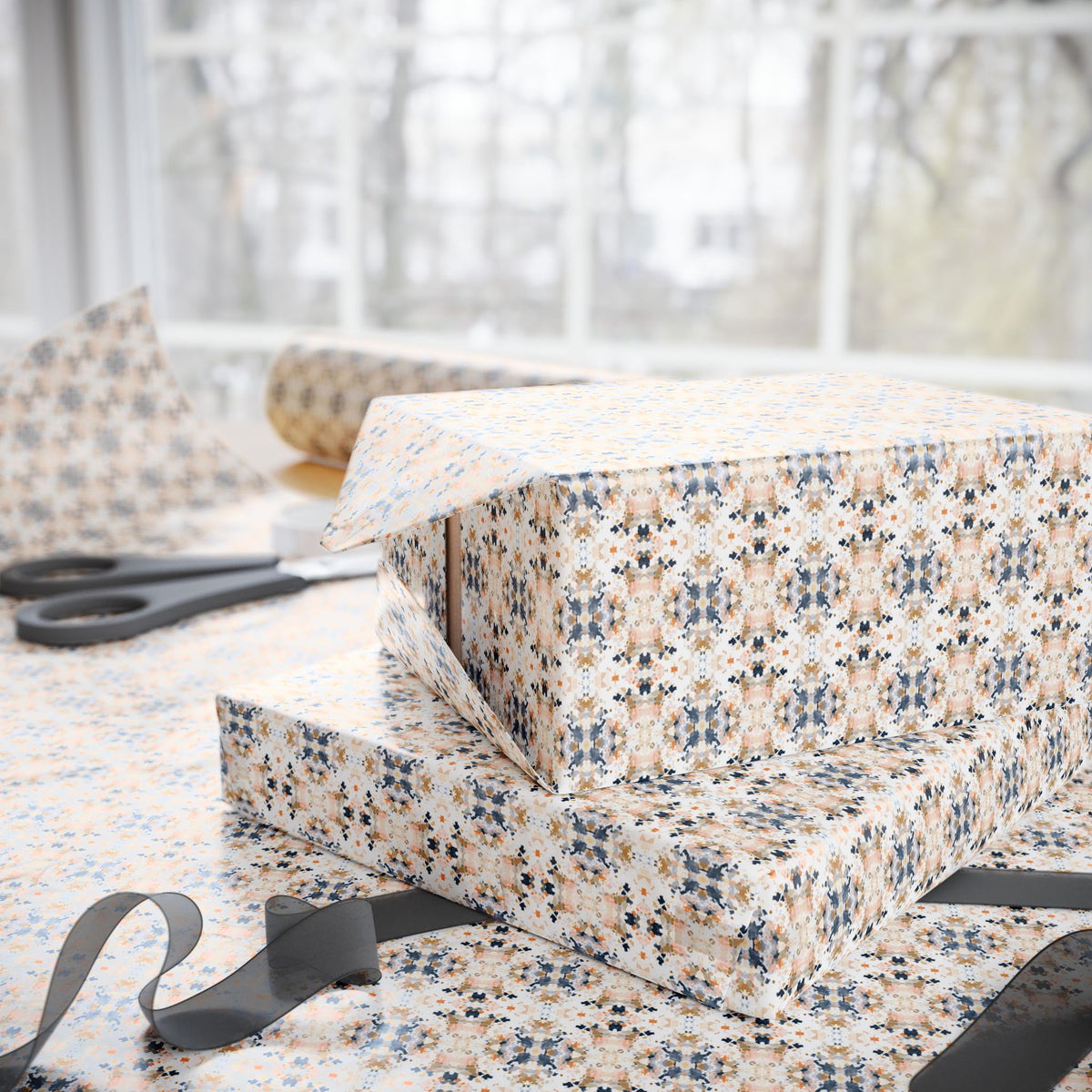 Beige Navy Blue Ikat Wrapping Paper, Watercolor Gift Wrap