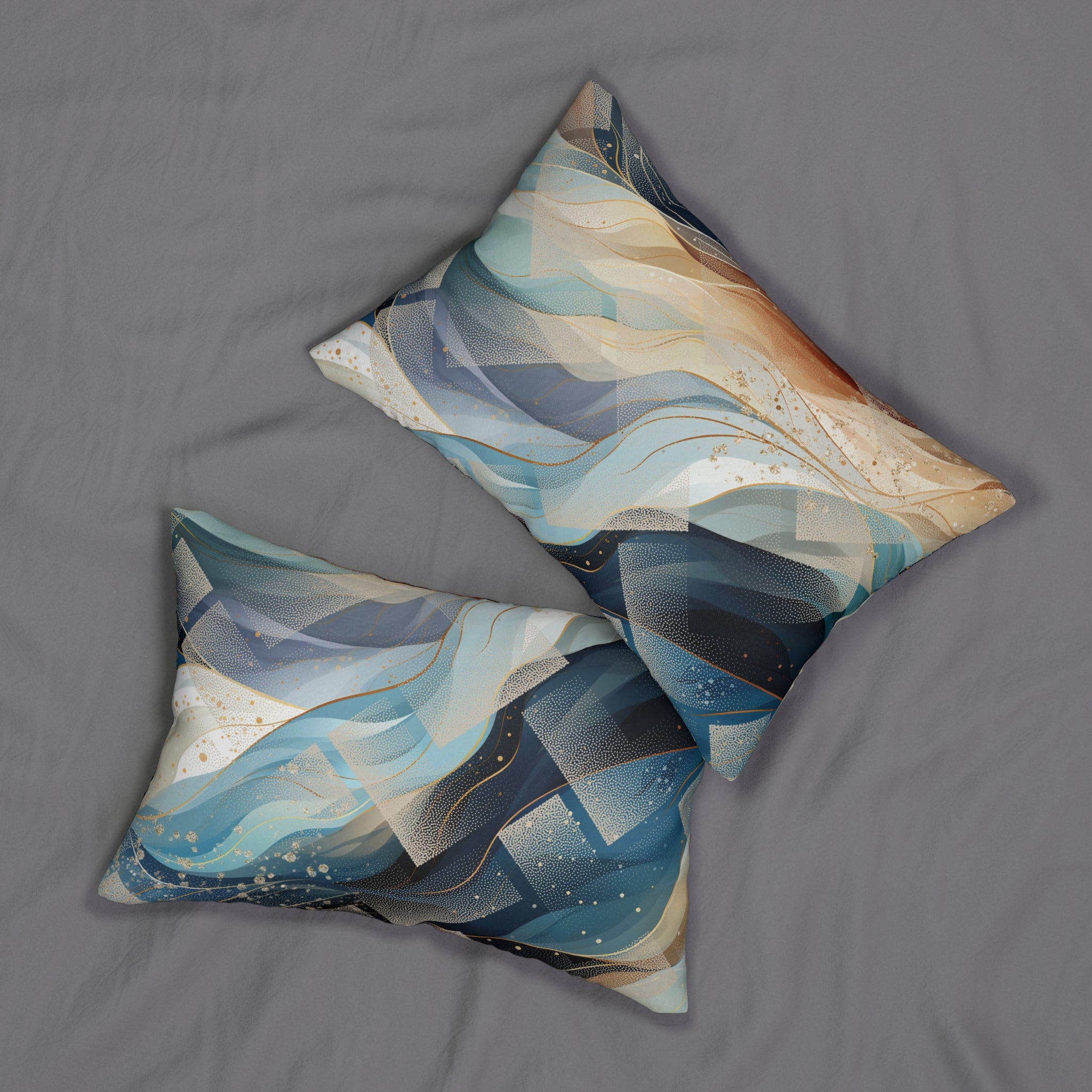 Abstract Lumbar Pillow | Navy Mint Blue, Beige Waves