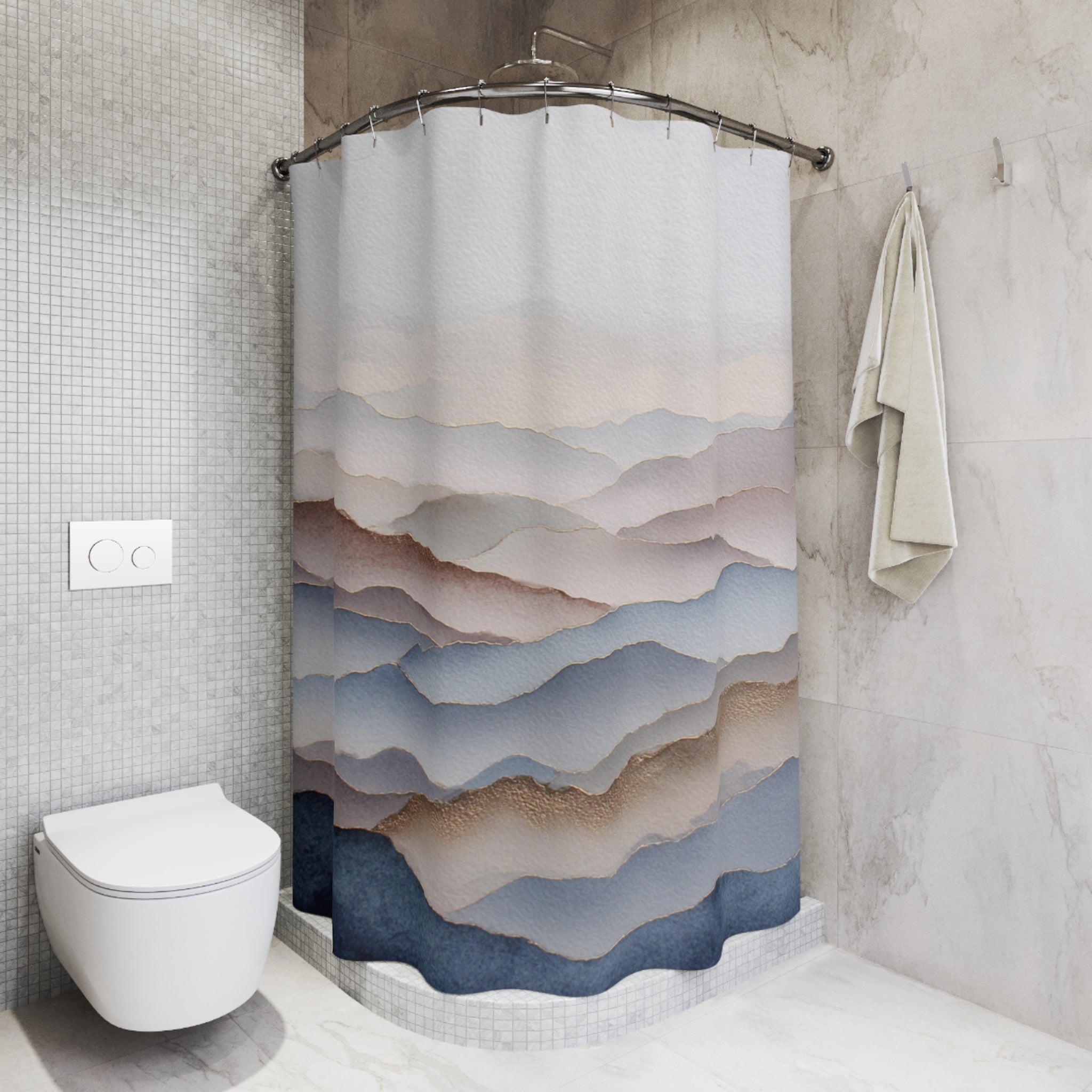 Landscape Shower Curtain | Nature Navy Blue, Blush Abstract Art