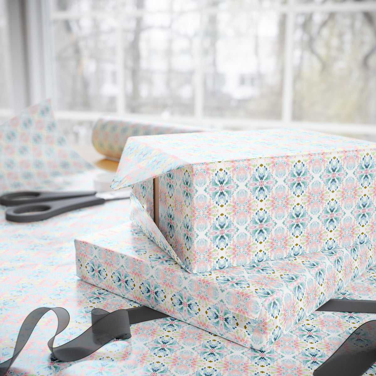 Blush Teal Olive Watercolor Wrapping Paper, Mirrored Gift Wrap
