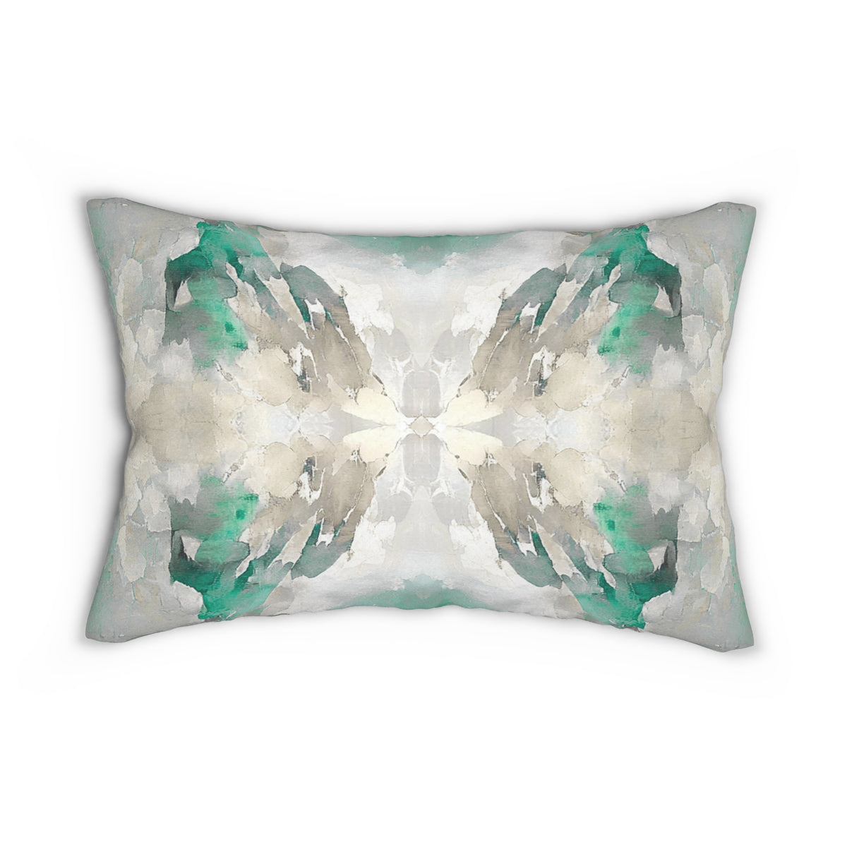 Emerald Beige Watercolor Abstract Lumbar Pillow 14x20, Boho Accent Pillow
