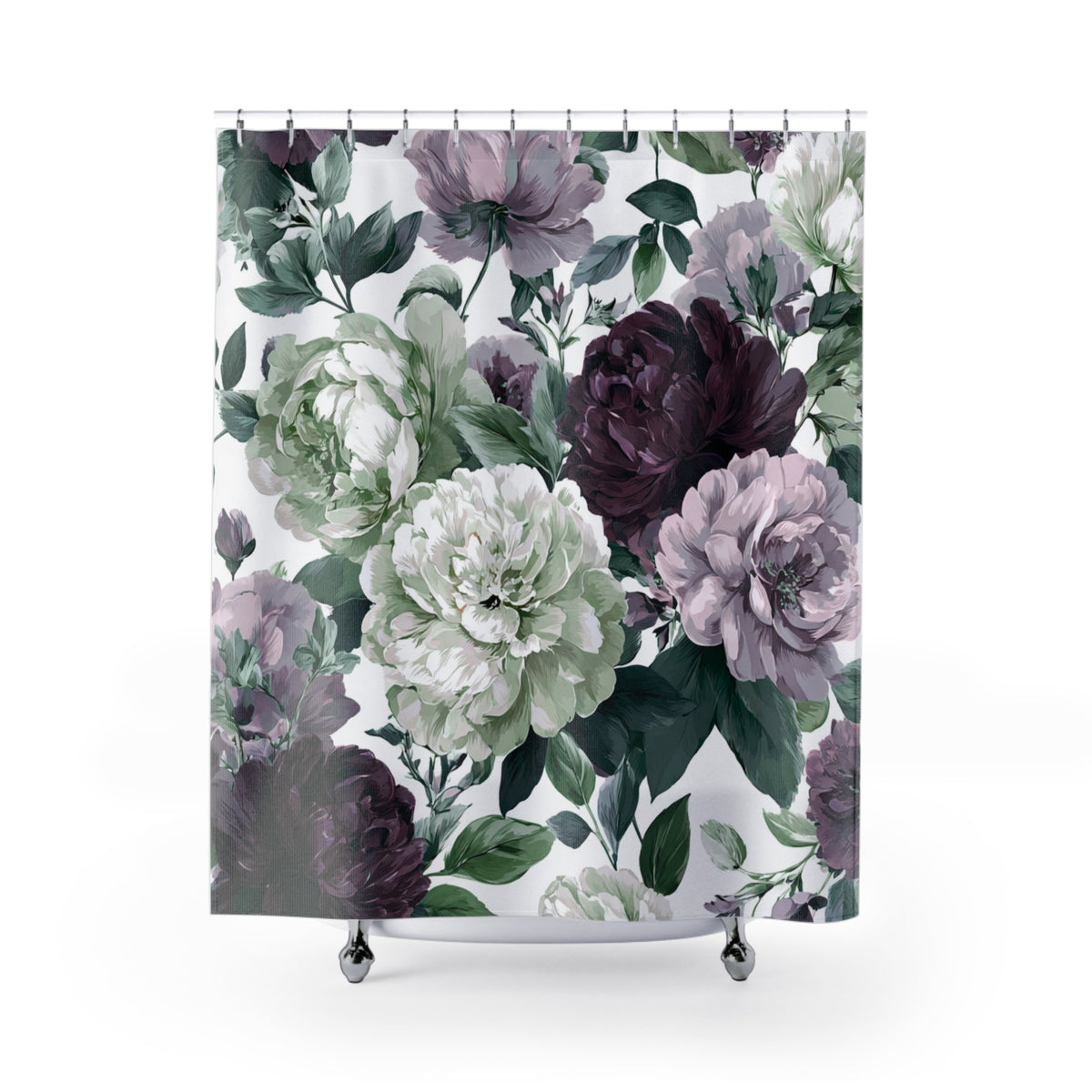 a shower curtain with a floral pattern of white and purple flowers, along with green leaves.