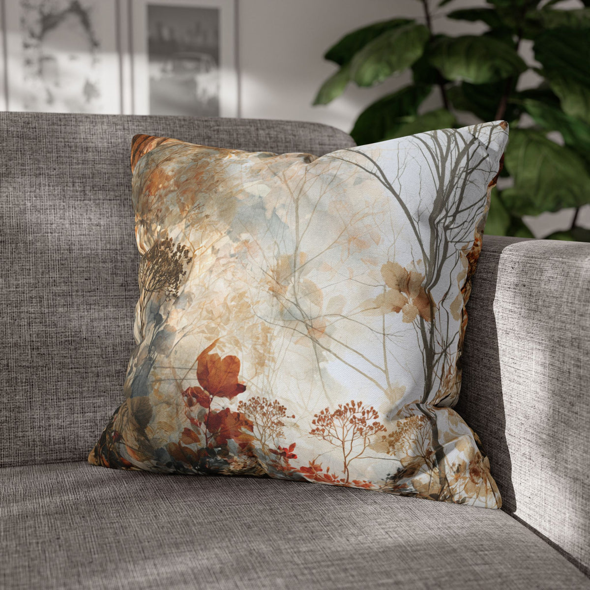 Misty Forest Pillow Cover | Terracotta Beige Autumn Trees Pillowcase